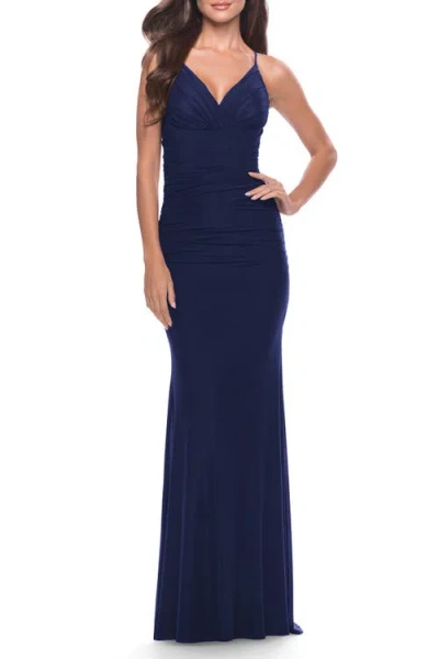 La Femme Long Net Jersey Dress With Illusion Waist