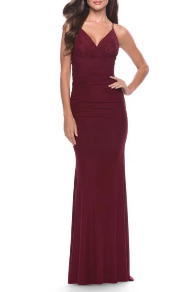 La Femme Long Net Jersey Dress With Illusion Waist