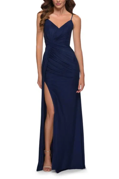 La Femme Long Net Jersey Prom Gown With Ruching And Slit In Navy
