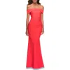 La Femme Long Off The Shoulder Ruched Neon Jersey Dress In Hot Coral