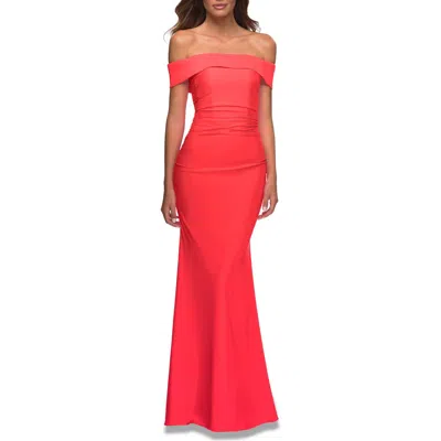 La Femme Long Off The Shoulder Ruched Neon Jersey Dress In Hot Coral