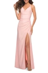 La Femme Long Pastel Dress With Flattering Ruching And Slit In Light Pink