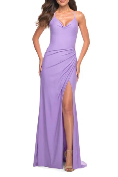 La Femme Long Pastel Dress With Flattering Ruching And Slit In Periwinkle
