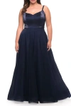 La Femme Long Plus Size Gown With Tulle Skirt And Satin Top