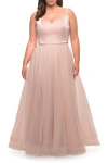 La Femme Long Plus Size Gown With Tulle Skirt And Satin Top
