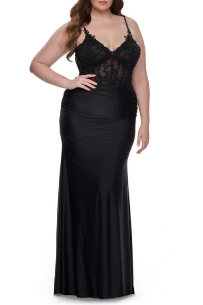 La Femme Long Plus Size Jersey Dress With Illusion Lace Bodice