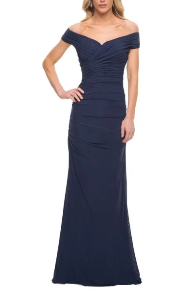 La Femme Long Ruched Gown With Off The Shoulder Top In Navy