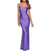 La Femme Long Ruched Jersey Dress With Thin Straps