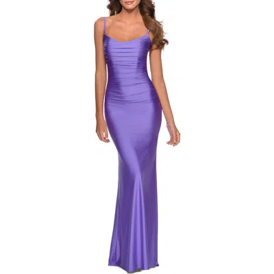 La Femme Long Ruched Jersey Dress With Thin Straps