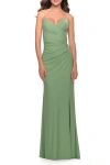 La Femme Long Ruched Jersey Gown With V-neckline