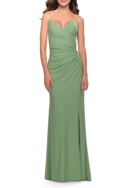 La Femme Long Ruched Jersey Gown With V-neckline