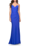 La Femme Long Ruched Jersey Gown With V-neckline