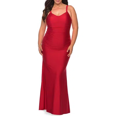 La Femme Long Ruched Plus Size Jersey Dress In Red