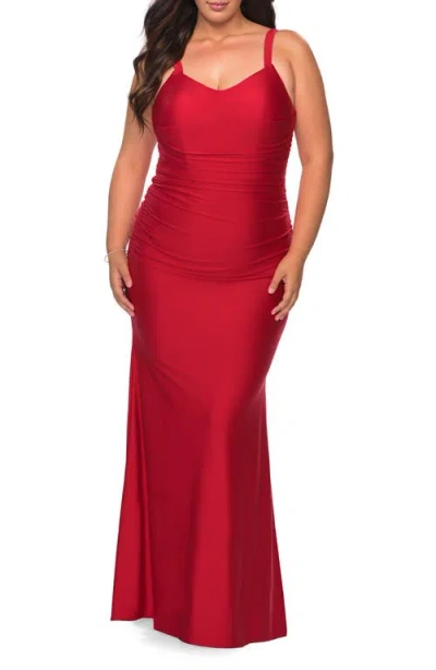 La Femme Long Ruched Plus Size Jersey Dress