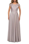 La Femme Long Satin Dress With Sheer Floral Lace Cap Sleeves In Silver