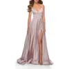 La Femme Long Satin Dress With Side Slit And V Shaped Back