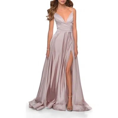 La Femme Long Satin Dress With Side Slit And V Shaped Back