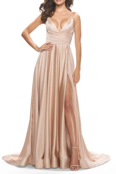 La Femme Long Satin Dress With Side Slit And V Shaped Back In Beige