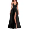 La Femme Long Satin Dress With Side Slit And V Shaped Back In Black