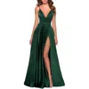 La Femme Long Satin Dress With Side Slit And V Shaped Back In Emerald