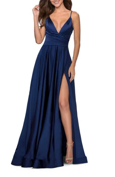 La Femme Long Satin Dress With Side Slit And V Shaped Back In Navy