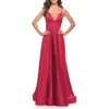 La Femme Long Satin Dress With Side Slit And V Shaped Back In Red