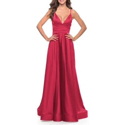 La Femme Long Satin Dress With Side Slit And V Shaped Back In Red