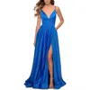 La Femme Long Satin Dress With Side Slit And V Shaped Back In Royal Blue