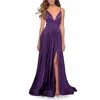 La Femme Long Satin Dress With Side Slit And V Shaped Back In Royal Purple