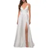 La Femme Long Satin Dress With Side Slit And V Shaped Back In White