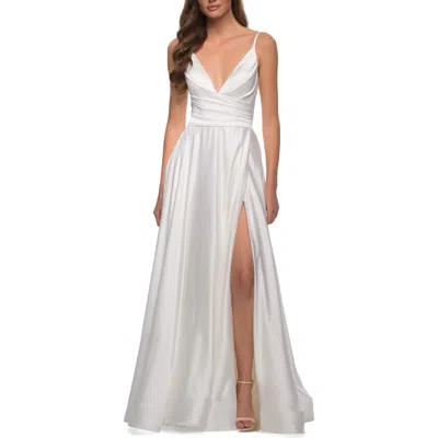 La Femme Long Satin Dress With Side Slit And V Shaped Back In White