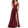 La Femme Long Satin Dress With Side Slit And V Shaped Back In Wine