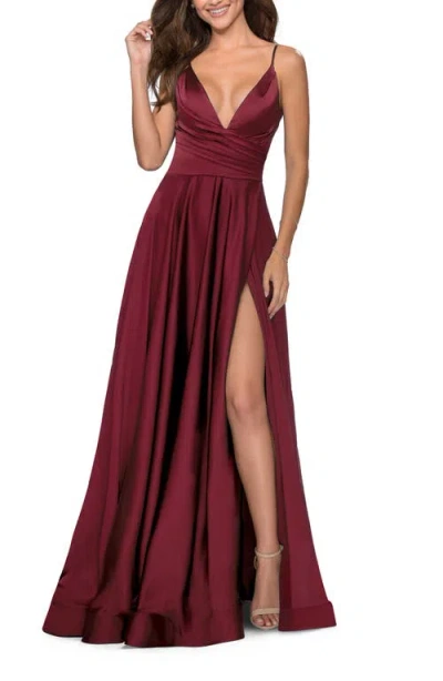La Femme Long Satin Dress With Side Slit And V Shaped Back In Wine
