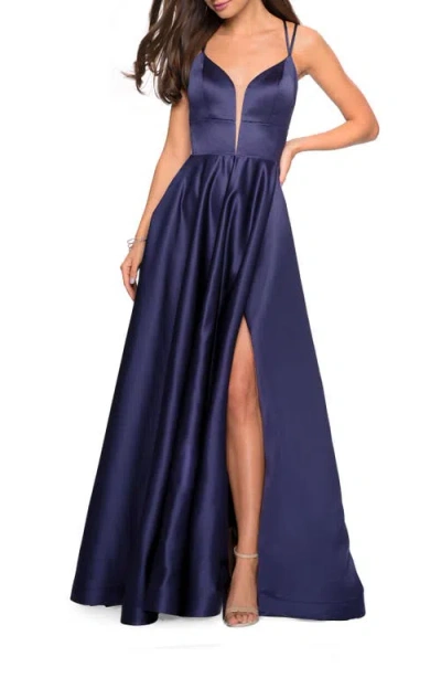 La Femme Long Satin Formal Gown With Leg Slit And Strappy Back In Blue
