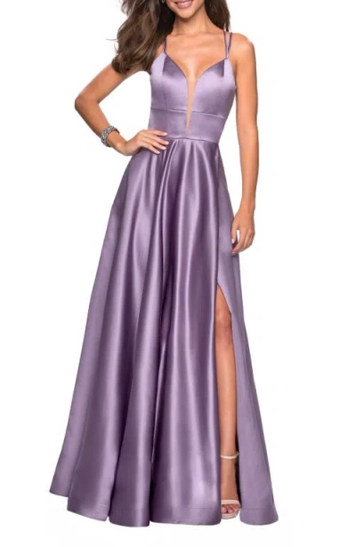 La Femme Long Satin Formal Gown With Leg Slit And Strappy Back In Purple