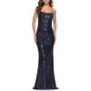 La Femme Long Sequin Dress With Lace Up Strappy Back In Navy