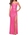 La Femme Long Sequin Dress With Plunging Back In Hot Pink In Pink