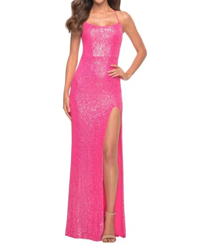 La Femme Long Sequin Dress With Plunging Back In Hot Pink