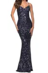 La Femme Long Sequin Gown Dress In Indigo Blue In Blue