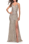 La Femme Long Sequin Gown With Dramatic Flare Skirt And Slit