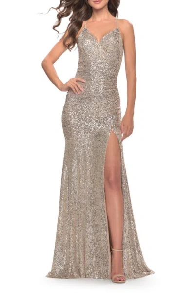 La Femme Long Sequin Gown With Dramatic Flare Skirt And Slit