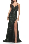 La Femme Long Sequin Gown With Dramatic Flare Skirt And Slit