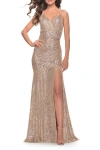 La Femme Long Sequin Gown With Dramatic Flare Skirt And Slit