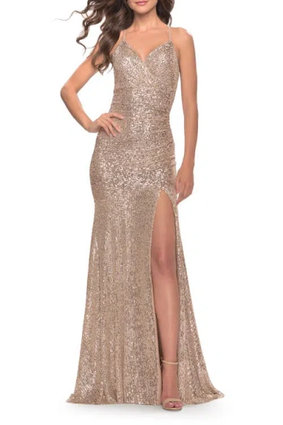 La Femme Long Sequin Gown With Dramatic Flare Skirt And Slit