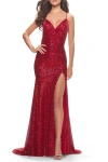 La Femme Long Sequin Gown With Dramatic Flare Skirt And Slit