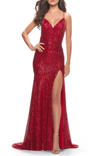 La Femme Long Sequin Gown With Dramatic Flare Skirt And Slit