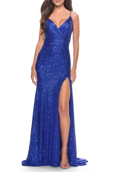 La Femme Long Sequin Gown With Dramatic Flare Skirt And Slit
