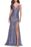 La Femme Long Sequin Gown With Dramatic Flare Skirt And Slit In Lavender