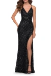 La Femme Long Sequin Gown With Thick Sequin Print Fabric In Black