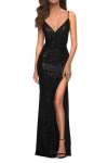 La Femme Long Sequin Gown With Wrap Style Top And Slit In Black